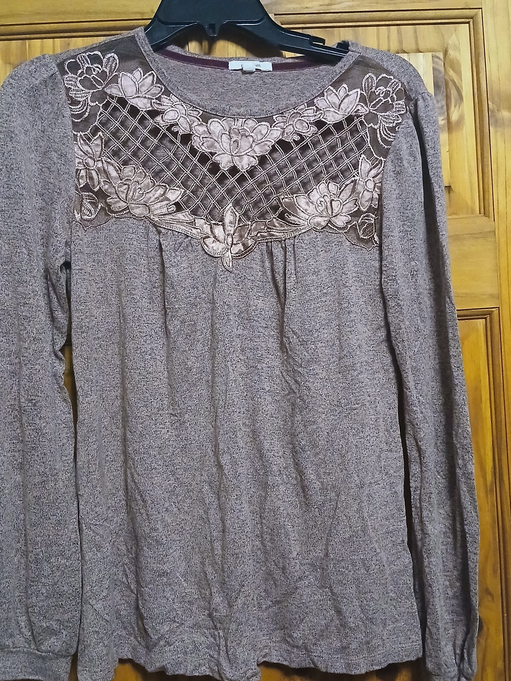 Maurices Purplish Taupe Long Sleeve Top with Floral Lace Yoke
